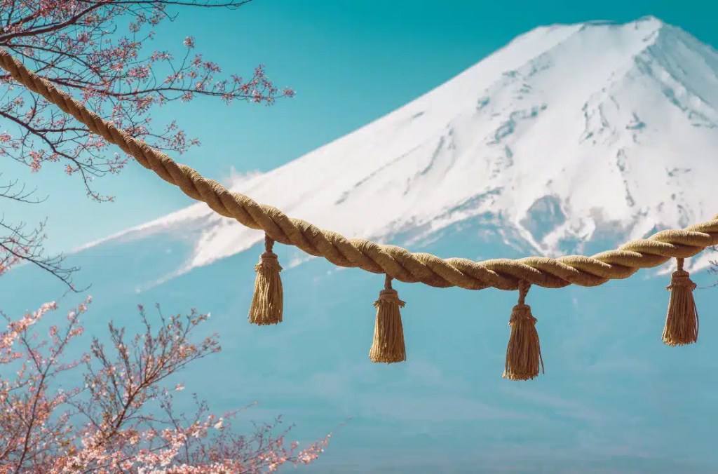 Close-up of a traditional Japanese rope with tassels, leading the eye to a distant view of Mount Fuji, with cherry blossoms visible in the foreground.
