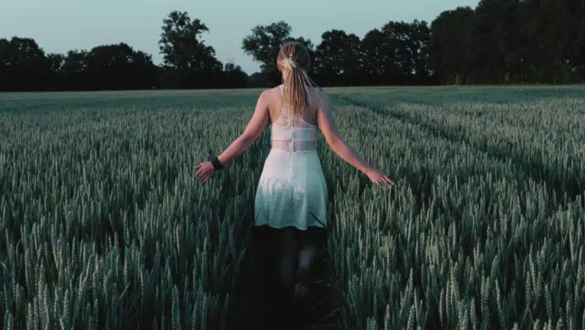 A woman wearing a white dress walks with her back turned through a field of tall grasses at twilight.