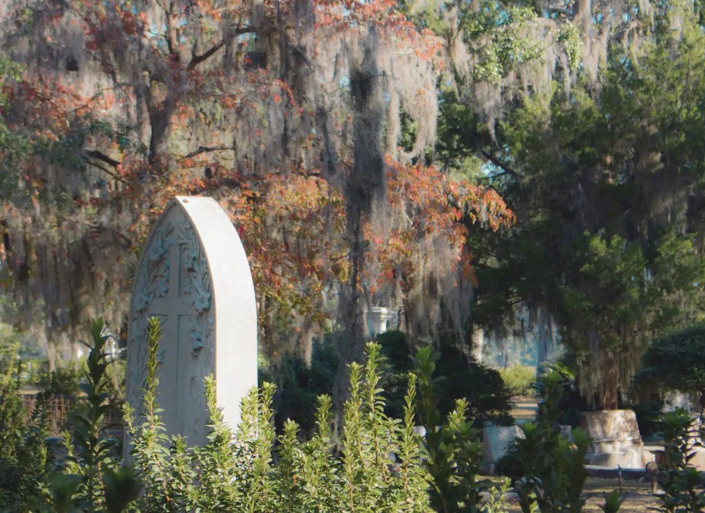 A weathered, arched headstone stands tall among a mossy landscape at Bonaventure Cemetery. Spanish moss drapes from ancient trees, casting dappled shadows on the graves.
