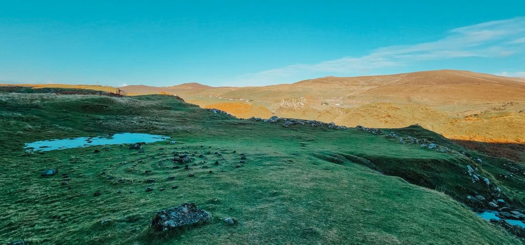 Scenic view of Fairy Glen on the Isle of Skye, featuring a grassy landscape with a stone spiral formation in the foreground and rolling hills under a clear blue sky.